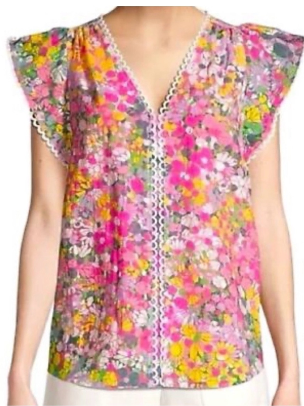 Kate Spade Floral Pink Lace-Trim Flutter Sleeve Top Scalloped Trim